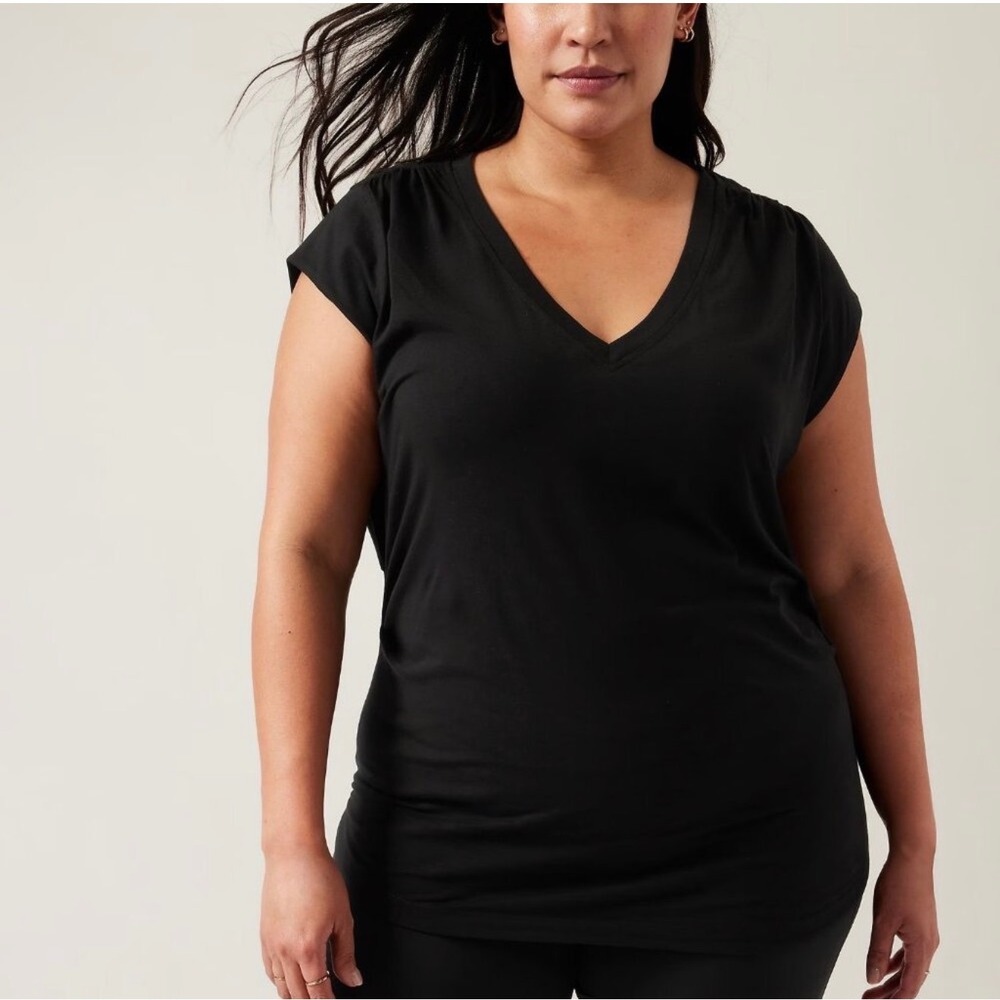 Athleta Black Outbound Tee Soft Jersey Ruched Dolman Sleeve V-Neck Top XL